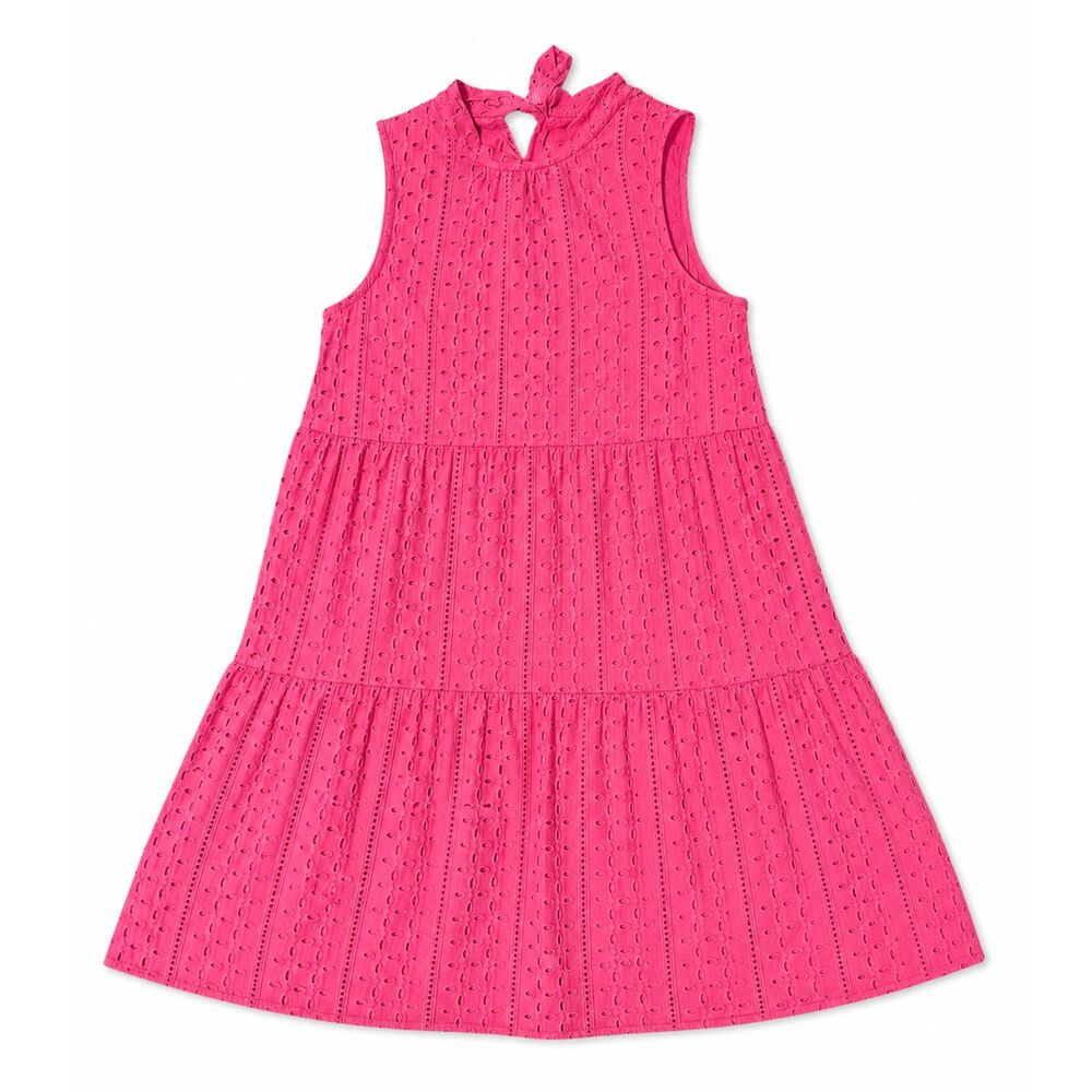 Mud Pie Women’s Medium Pink Eyelet Tiered Dress Sleeveless Bow Back